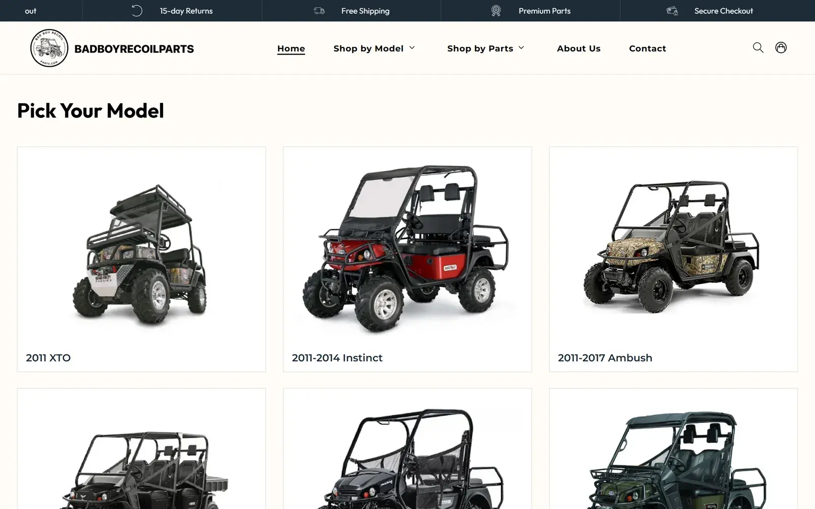 Bad Boy Recoil Parts homepage on desktop, with a 15-day returns and free shipping bar, the Badboyrecoilparts logo and menu, and a Pick Your Model grid of electric UTVs labelled 2011 XTO, 2011-2014 Instinct and 2011-2017 Ambush