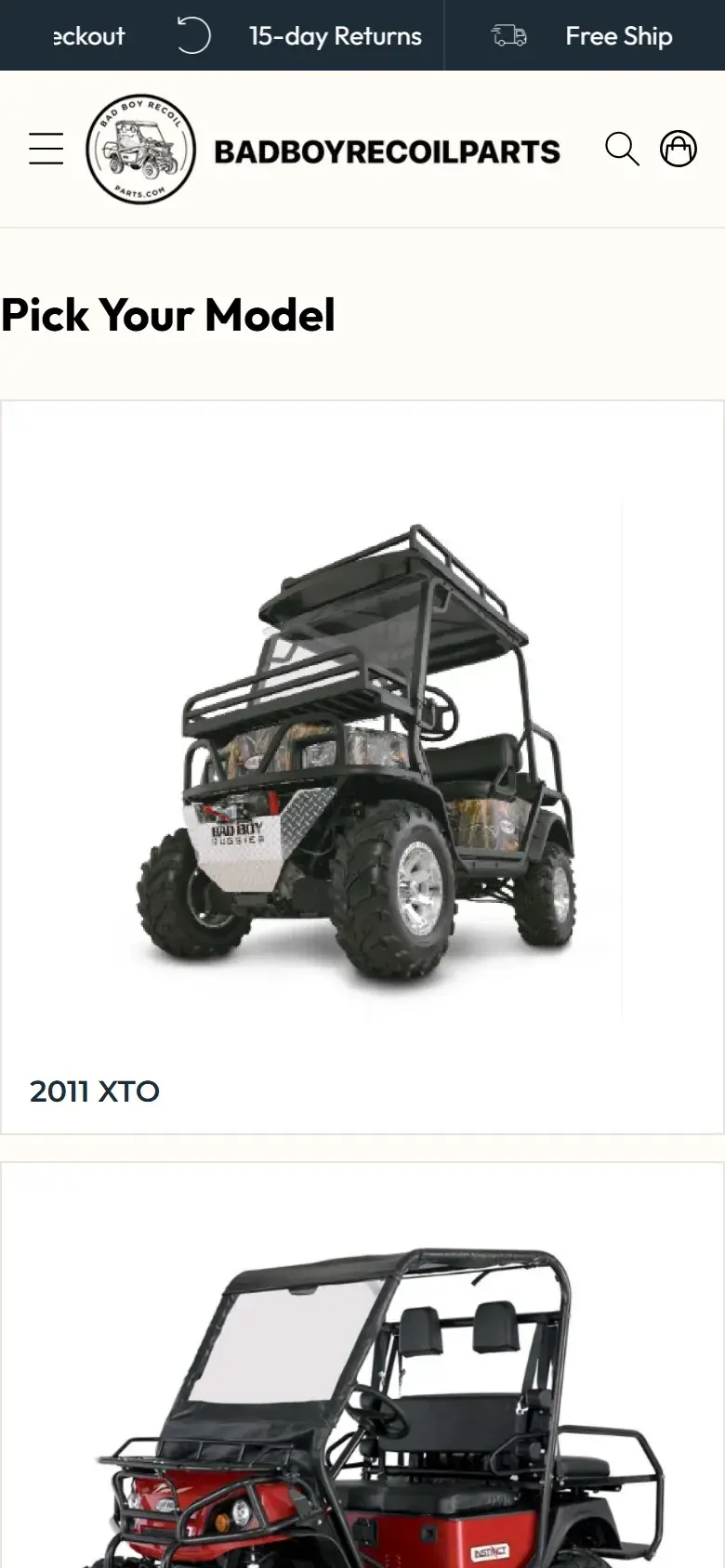 Bad Boy Recoil Parts homepage on a phone, with the same returns and shipping bar, the logo, and the Pick Your Model heading above a full-width card for the 2011 XTO