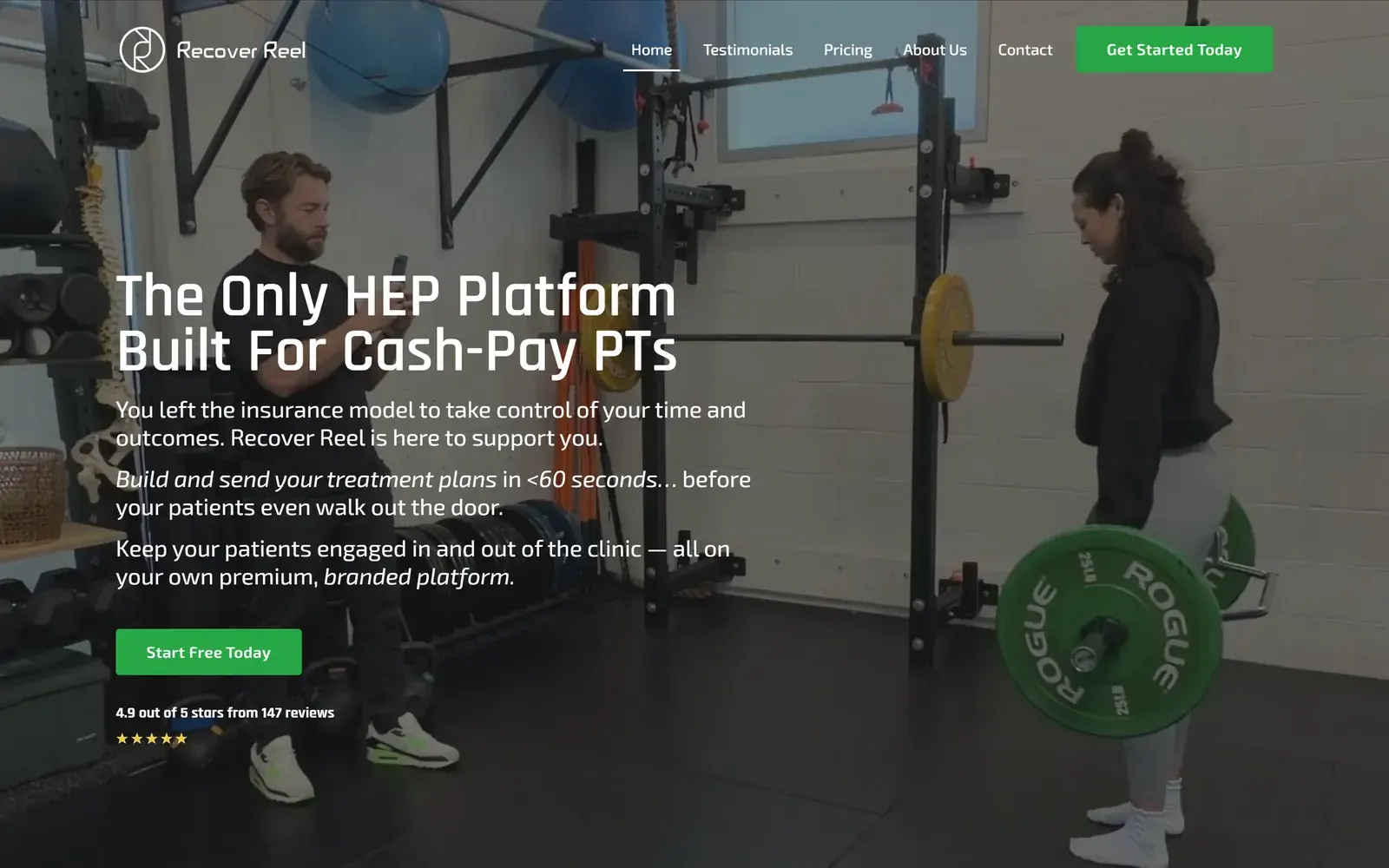 Recover Reel homepage on desktop, with the headline The Only HEP Platform Built For Cash-Pay PTs, a green Start Free Today button, a 4.9 out of 5 stars from 147 reviews rating and a background video of a physical therapist filming a patient lifting a barbell
