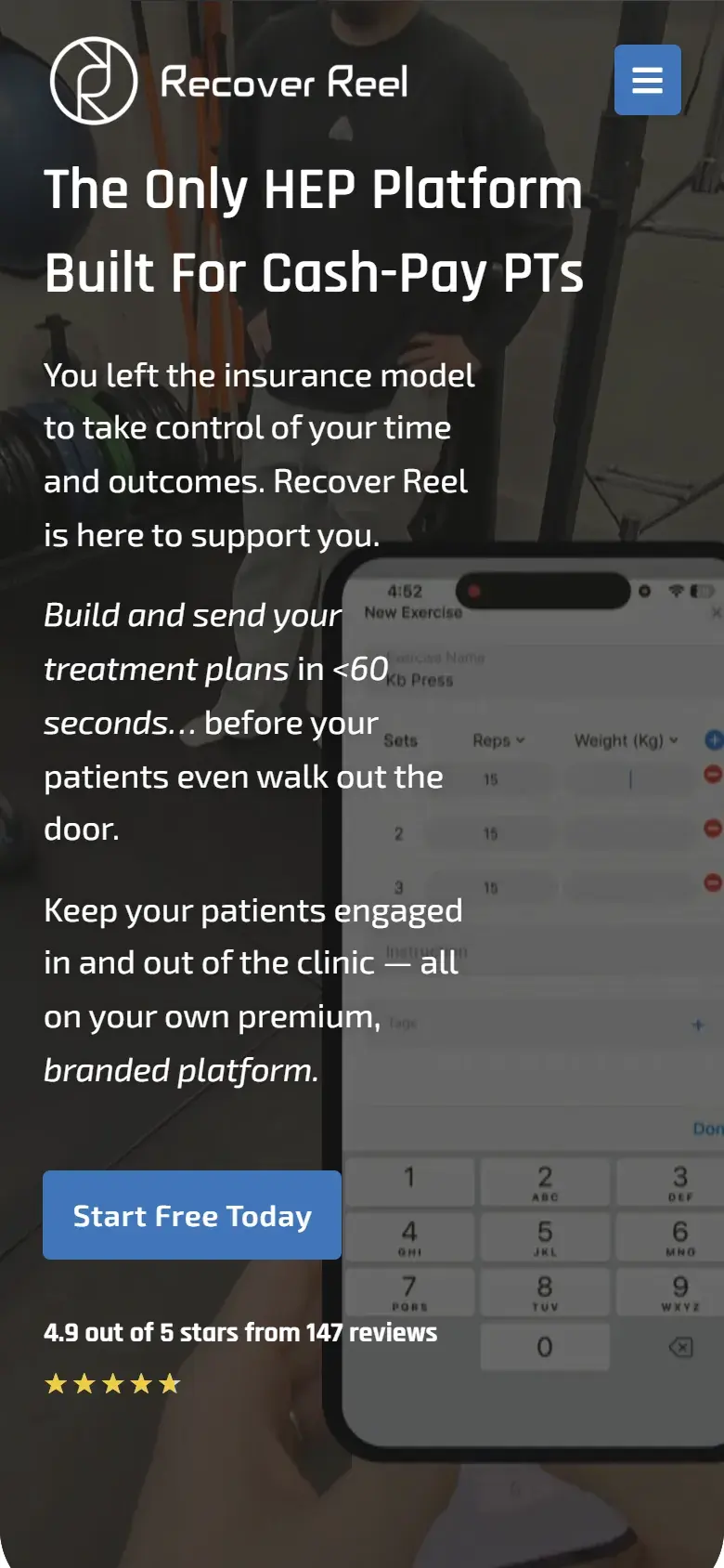 Recover Reel homepage on a phone, with the same headline over a background video of the exercise app, a Start Free Today button and the 4.9 out of 5 stars rating