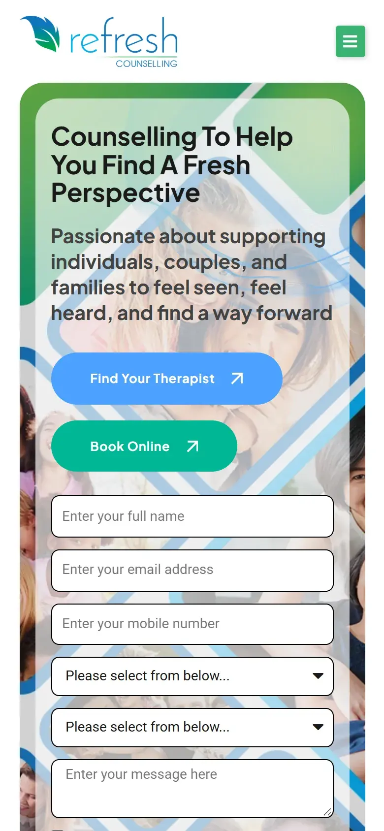 Refresh Counselling homepage on a phone, with the same headline, stacked Find Your Therapist and Book Online buttons and the start of the enquiry form