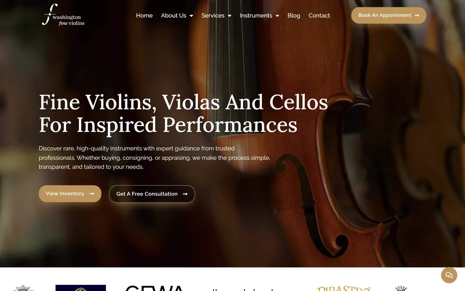 Washington Fine Violins homepage on desktop, with the headline Fine Violins, Violas And Cellos For Inspired Performances, a gold View Inventory button, a Get A Free Consultation button and a close-up photo of a violin in warm light