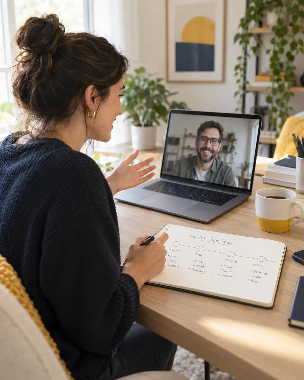 A growth manager on a video call, reviewing a client's plan from a home office