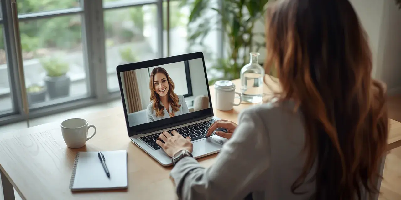 A business owner on a video call with an advisor, from a home office