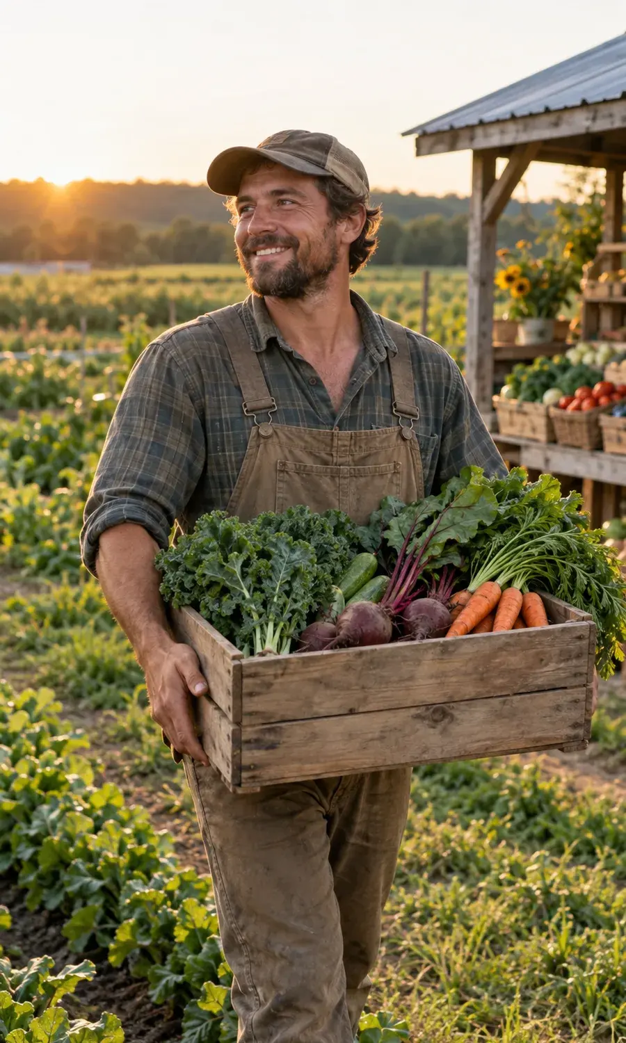 Farmer carrying a crate of fresh vegetables