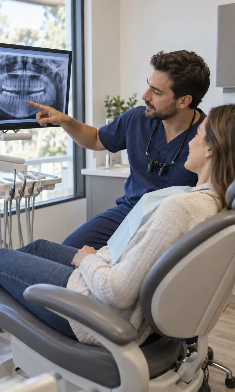 Dentist explaining an X-ray to a patient in the chair