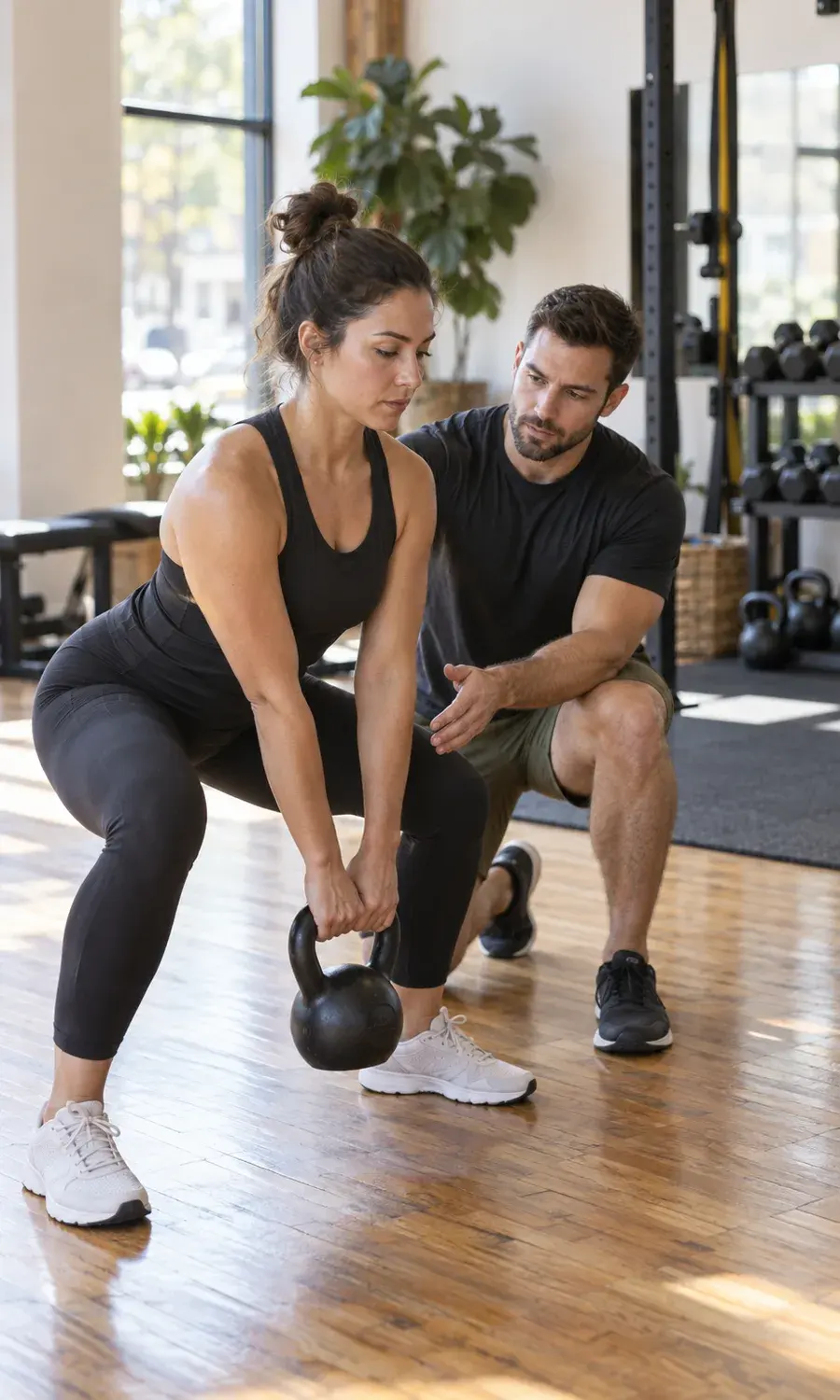 Personal trainer coaching a kettlebell exercise