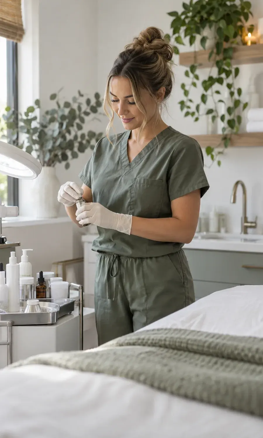 Aesthetic nurse preparing a treatment room