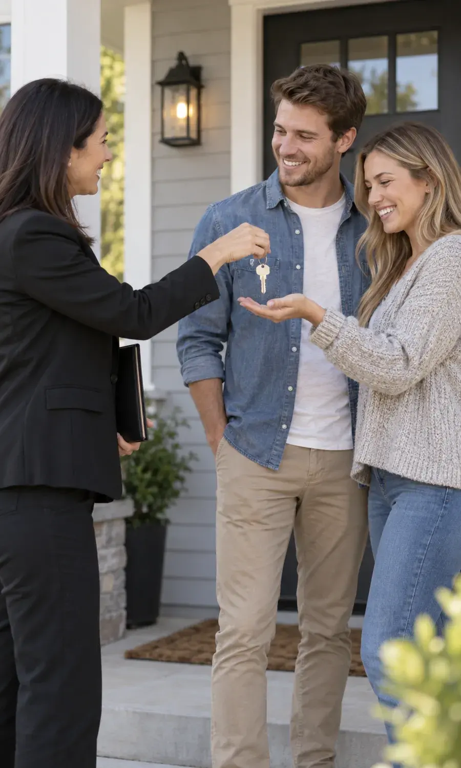 Agent handing house keys to a young couple