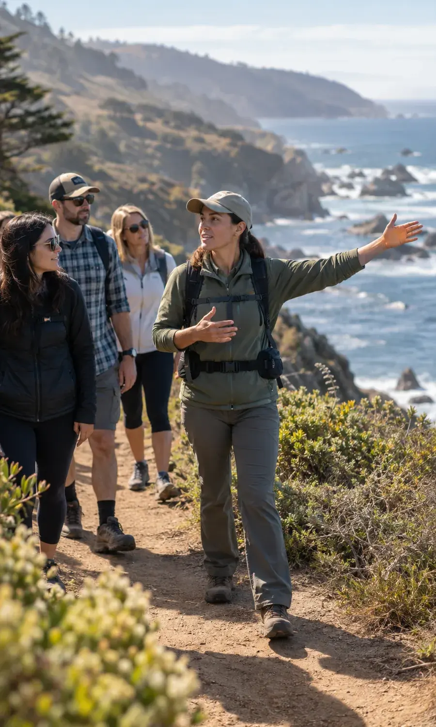 Guide leading a small group along a coastal trail