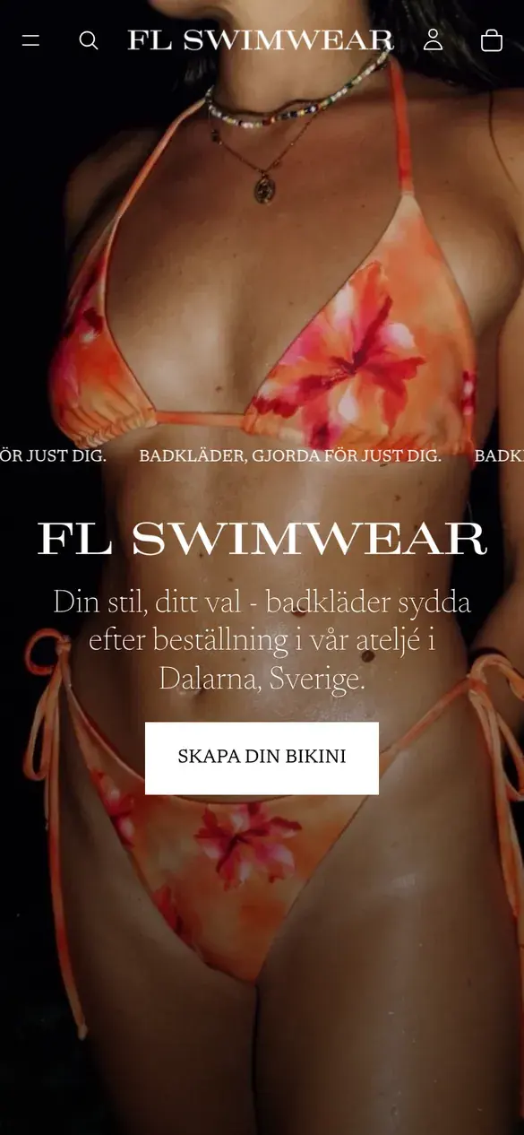 FL Swimwear homepage on a phone