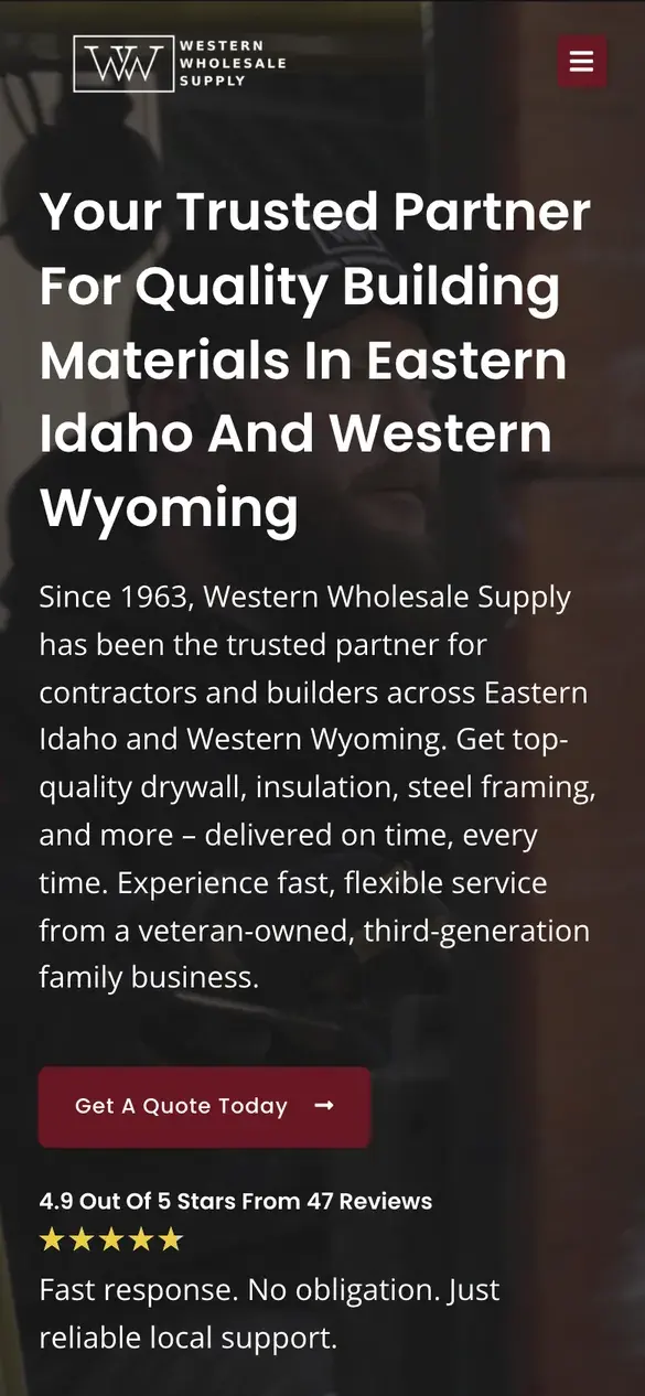 Western Wholesale Supply homepage on a phone