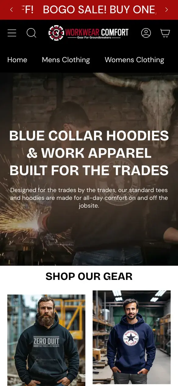 Workwear Comfort homepage on a phone