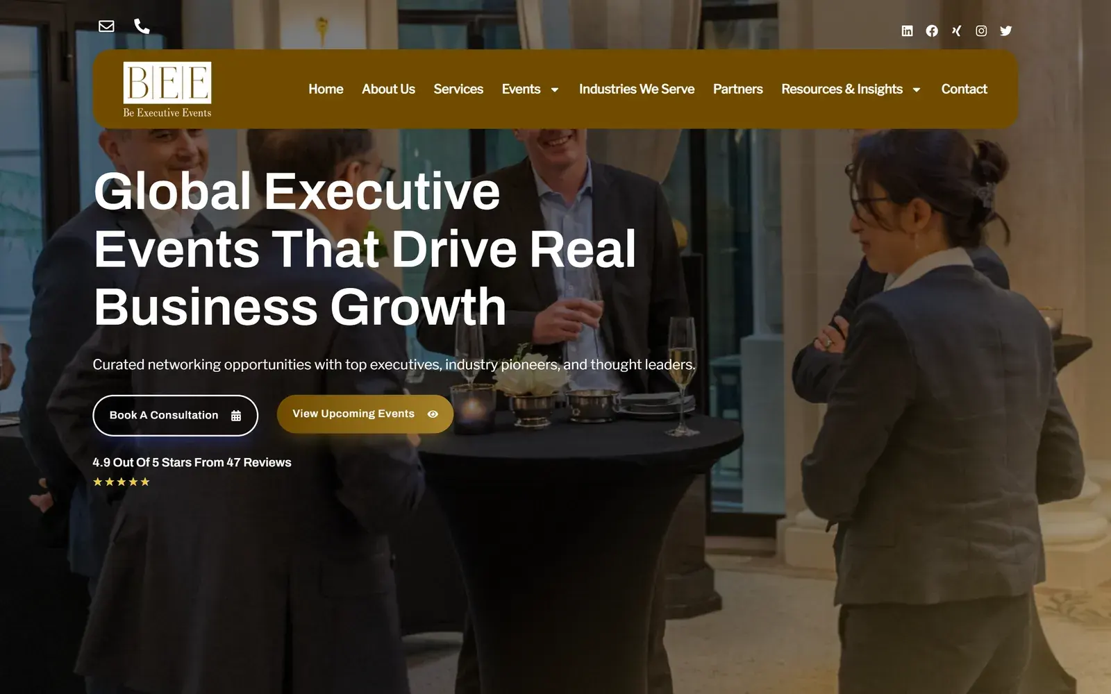 Be Executive Events homepage on desktop, with the headline Global Executive Events That Drive Real Business Growth over a photo of executives talking at an evening reception, Book A Consultation and View Upcoming Events buttons, and a 4.9 out of 5 stars rating