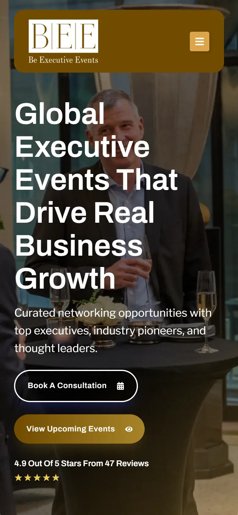 Be Executive Events homepage on a phone, with the same headline over the reception photo, stacked Book A Consultation and View Upcoming Events buttons and the star rating below