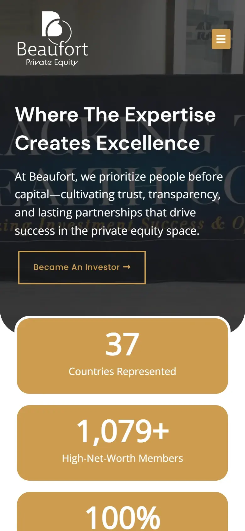 Beaufort Private Equity homepage on a phone, with the headline Where The Expertise Creates Excellence, an outlined investor button and gold stat cards for 37 Countries Represented and 1,079+ High-Net-Worth Members