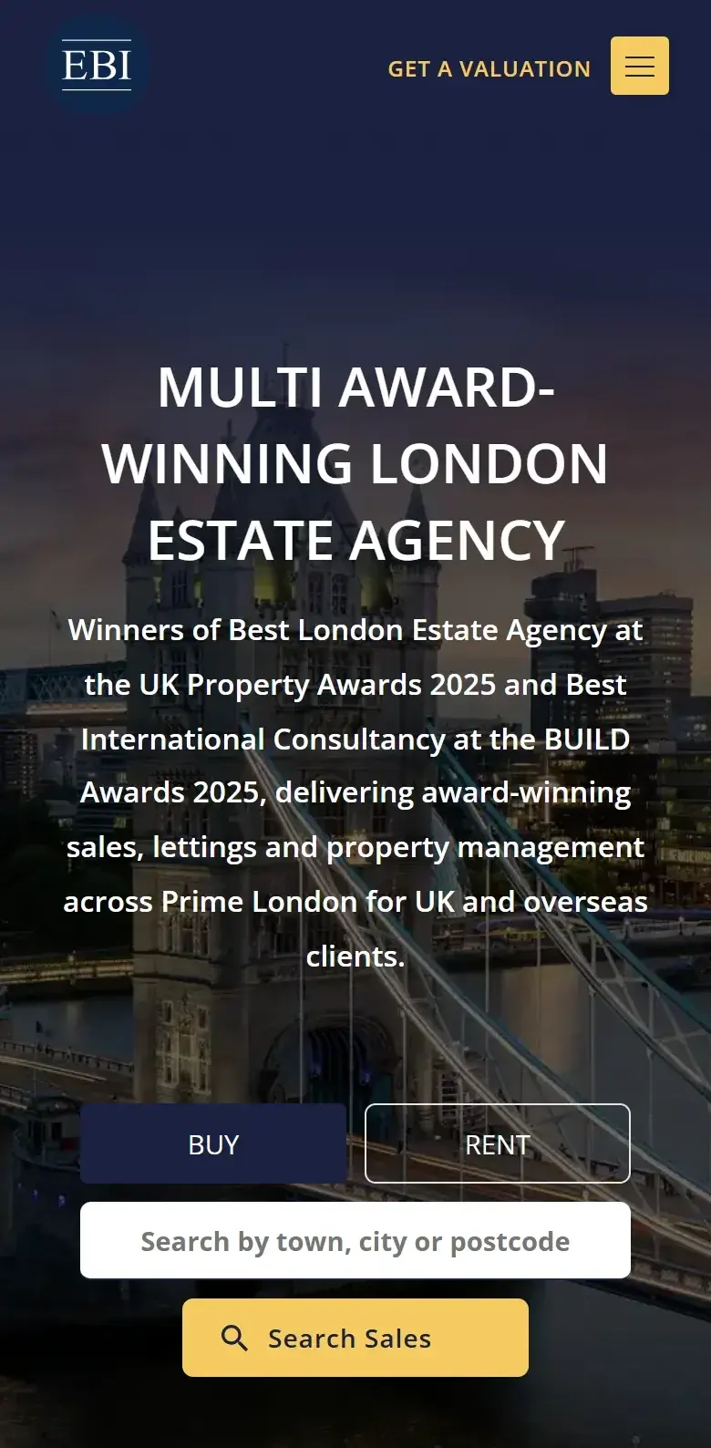 Ernest-Brooks International homepage on a phone, with the same headline over Tower Bridge, Buy and Rent buttons, a search box and a yellow Search Sales button