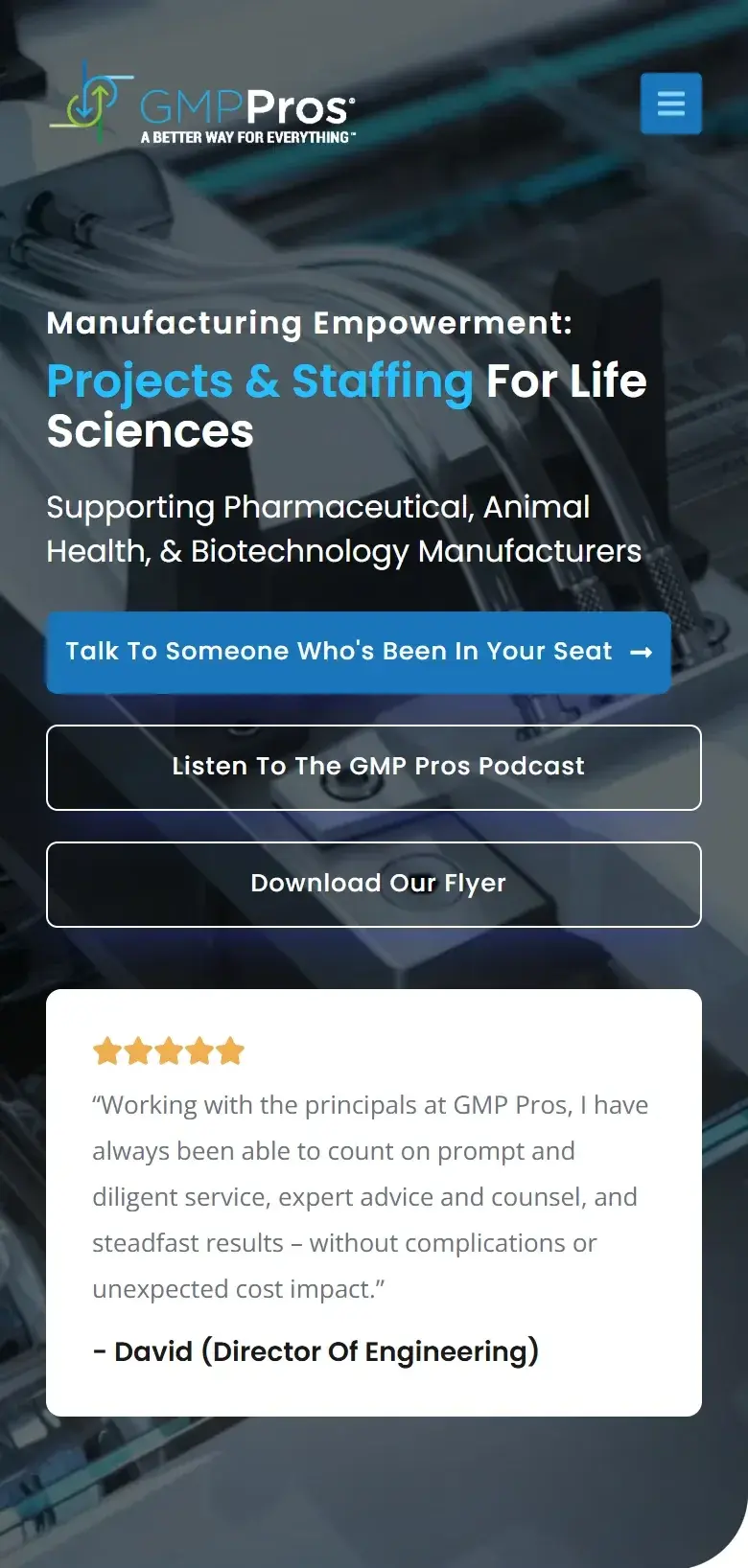 GMP Pros homepage on a phone, with the same headline, a full-width blue Talk To Someone Who's Been In Your Seat button, podcast and flyer buttons, and the five-star testimonial card below