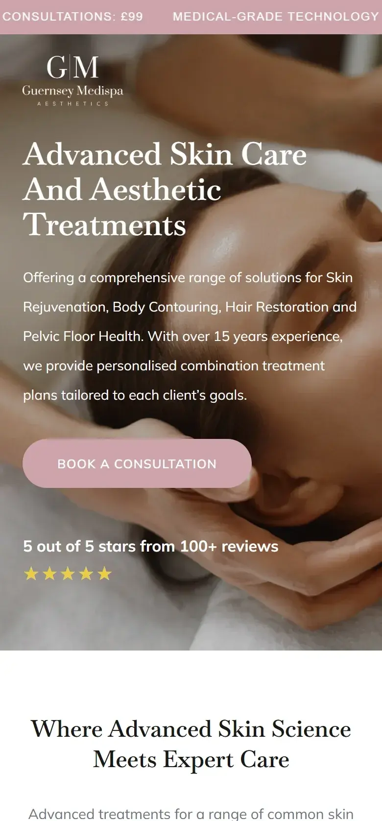 Guernsey Medispa homepage on a phone, with the same headline over the facial treatment photo, a pink Book A Consultation button and the five-star reviews rating below