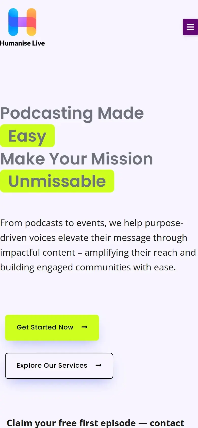 Humanise Live homepage on a phone, with the same lime-highlighted headline, a short intro line, and Get Started Now and Explore Our Services buttons stacked below