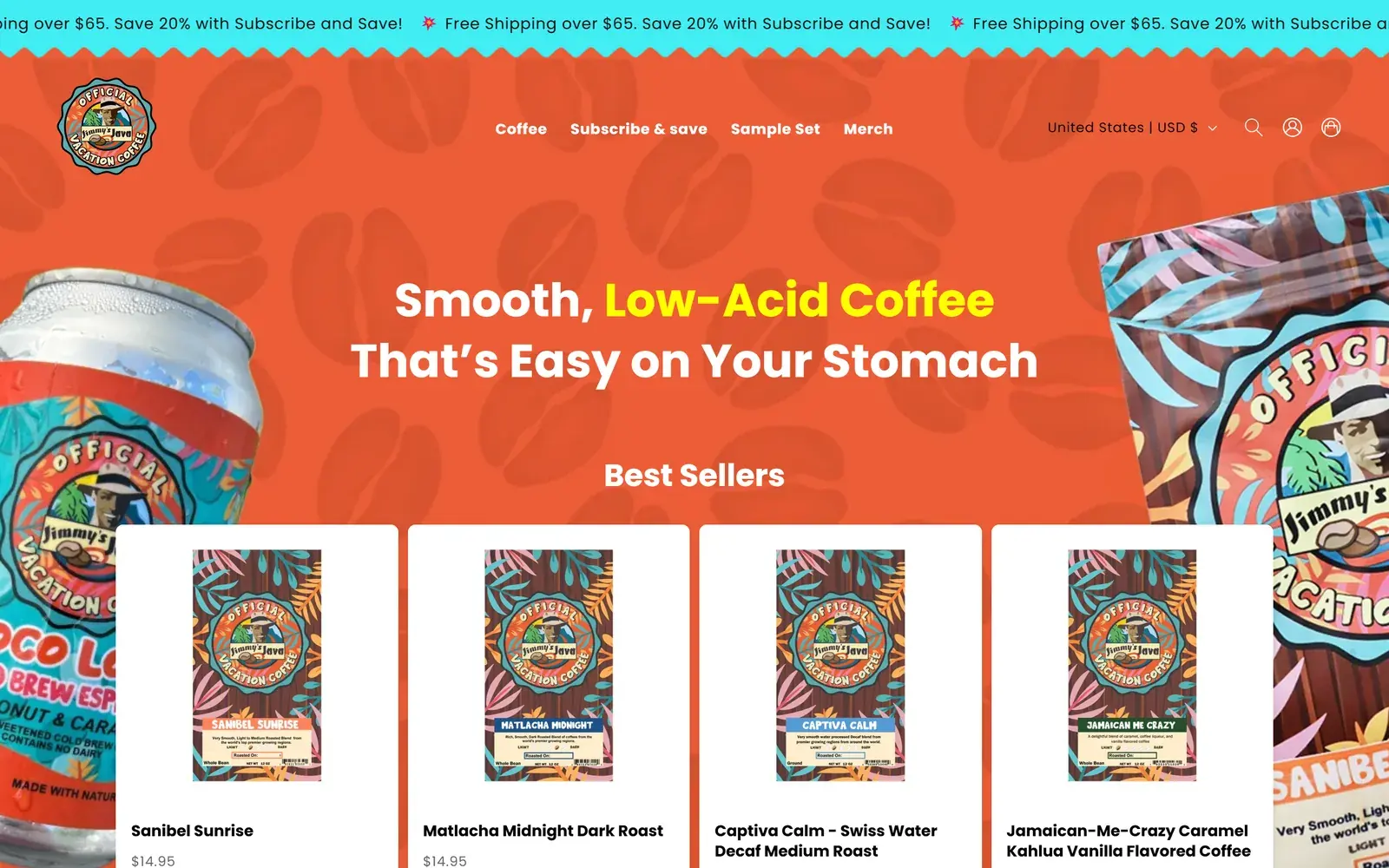Jimmy’s Java homepage on desktop, with the headline Smooth, Low-Acid Coffee That’s Easy on Your Stomach on an orange coffee-bean background, a free shipping banner, and a Best Sellers row of four tropical-print coffee bags