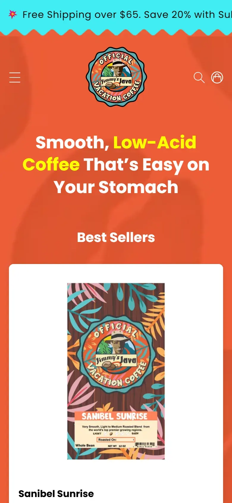Jimmy’s Java homepage on a phone, with the round Official Vacation Coffee logo, the same headline, and the first Best Sellers coffee bag, Sanibel Sunrise