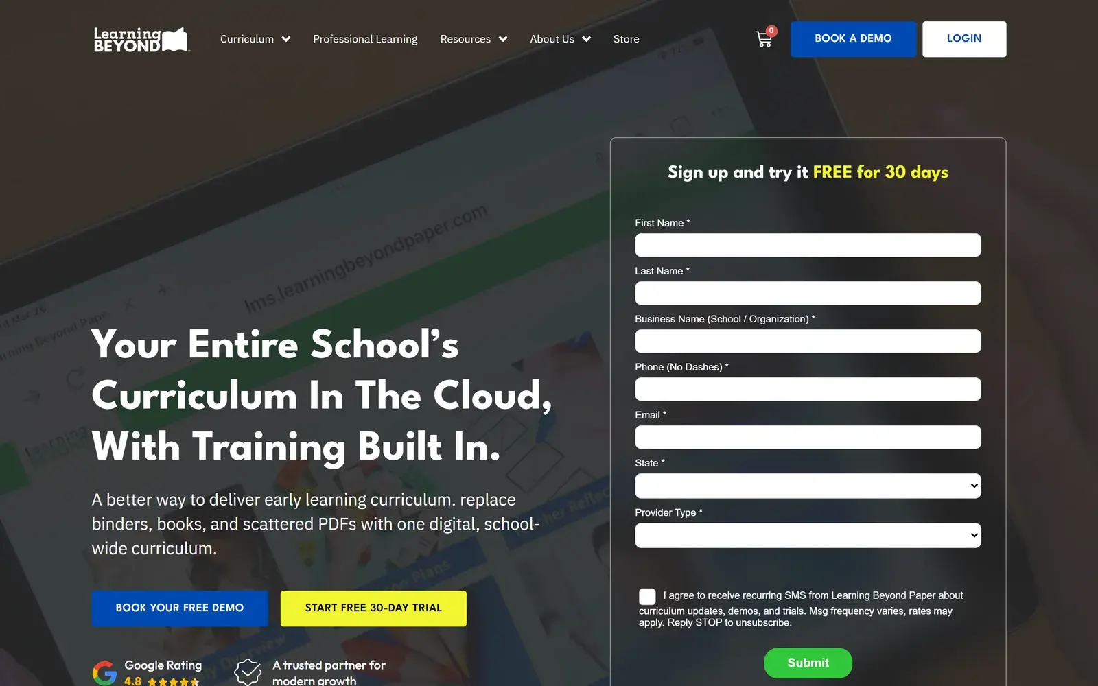 Learning Beyond Paper homepage on desktop, with the headline Your Entire School’s Curriculum In The Cloud, With Training Built In., a blue Book Your Free Demo button, a yellow Start Free 30-Day Trial button and a Sign up and try it free for 30 days form on the right