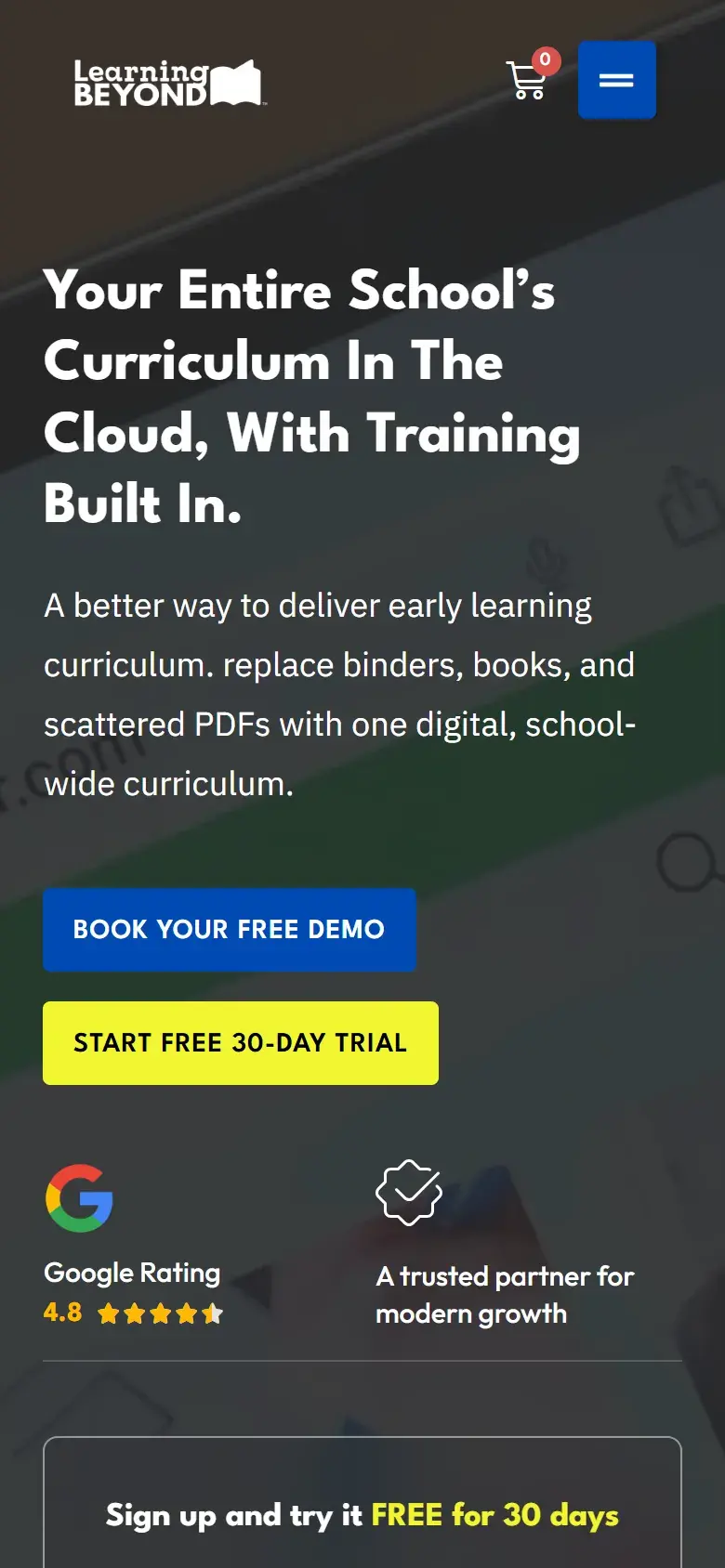 Learning Beyond Paper homepage on a phone, with the same headline, the Book Your Free Demo and Start Free 30-Day Trial buttons stacked, and a 4.8 Google Rating below