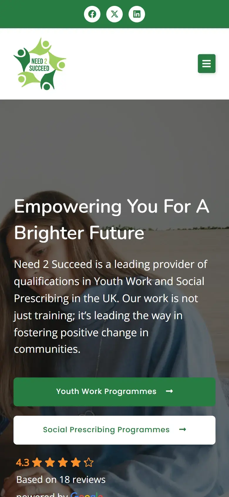 Need 2 Succeed homepage on a phone, with the same headline, full-width Youth Work Programmes and Social Prescribing Programmes buttons, and the 4.3-star Google rating below