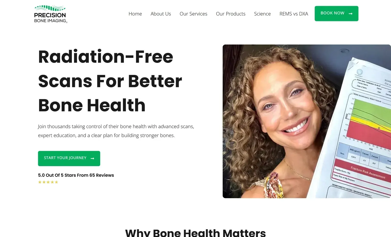 Precision Bone Imaging homepage on desktop, with the headline Radiation-Free Scans For Better Bone Health, a green Start Your Journey button, a 5.0 out of 5 stars from 65 reviews rating and a photo of a smiling woman holding her bone scan report