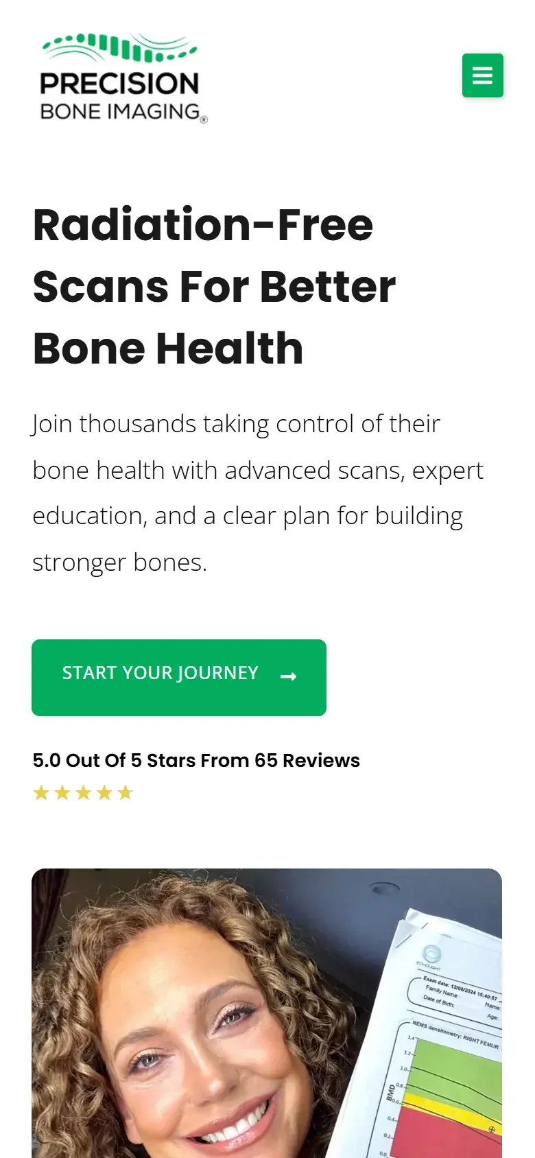 Precision Bone Imaging homepage on a phone, with the same headline, a green Start Your Journey button, the review rating and the bone scan photo below