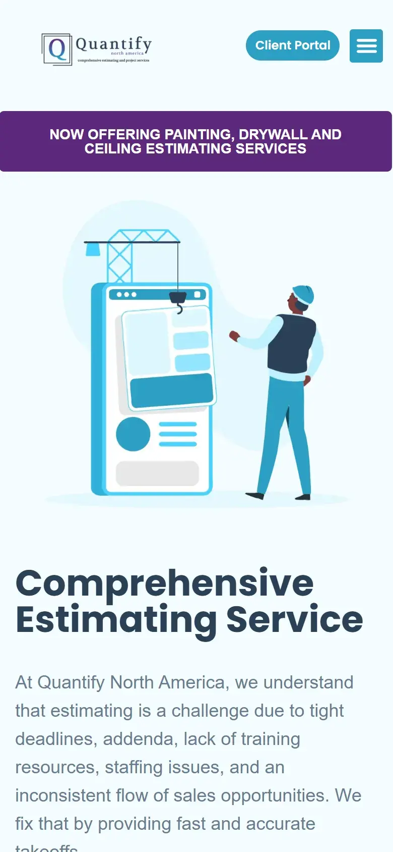 Quantify NA homepage on a phone, with the same purple banner, the crane and worker illustration, then the headline Comprehensive Estimating Service and its introduction