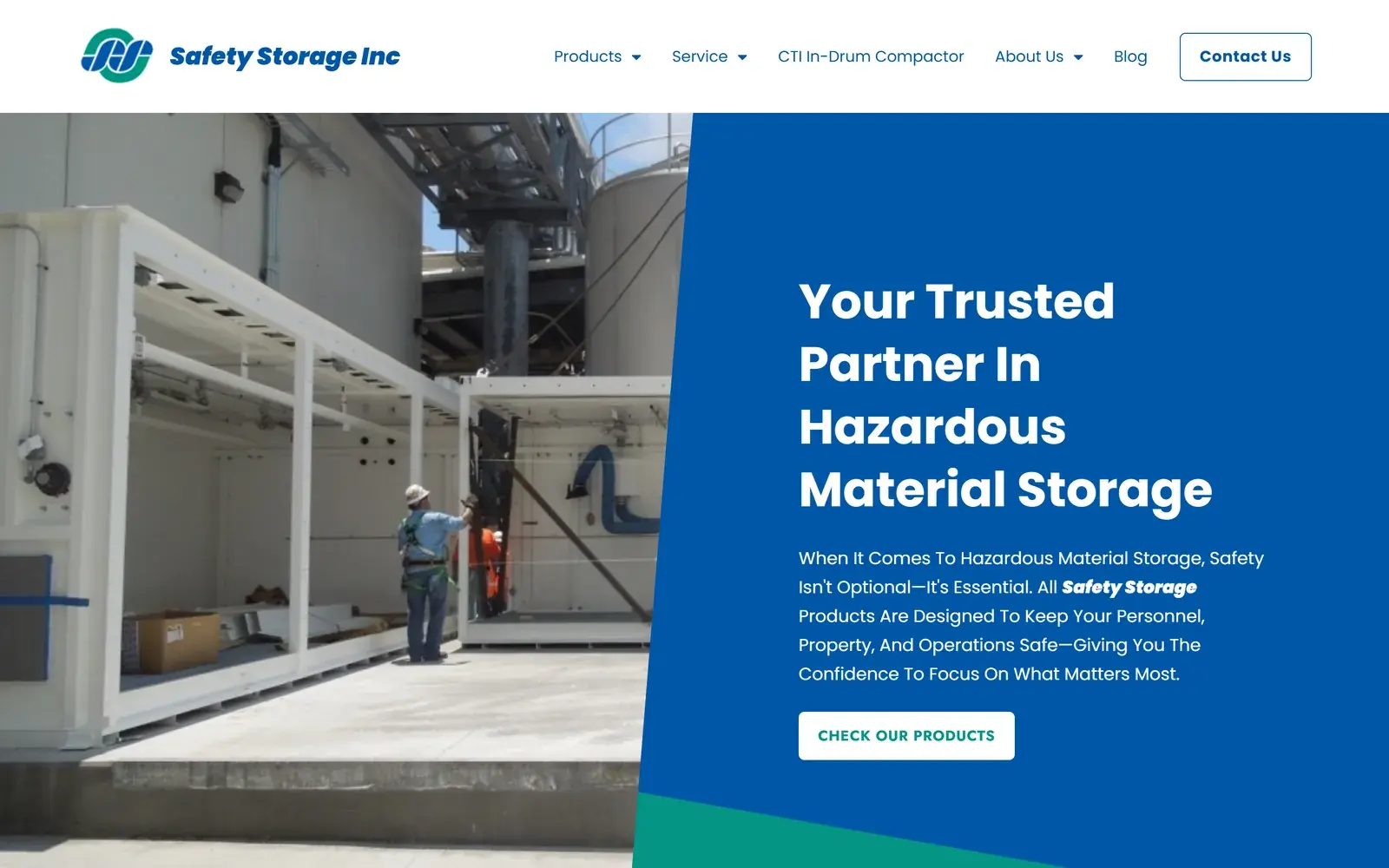Safety Storage homepage on desktop, with the headline Your Trusted Partner In Hazardous Material Storage on a blue panel, a white Check Our Products button and a photo of a worker inspecting a large white hazardous material storage building