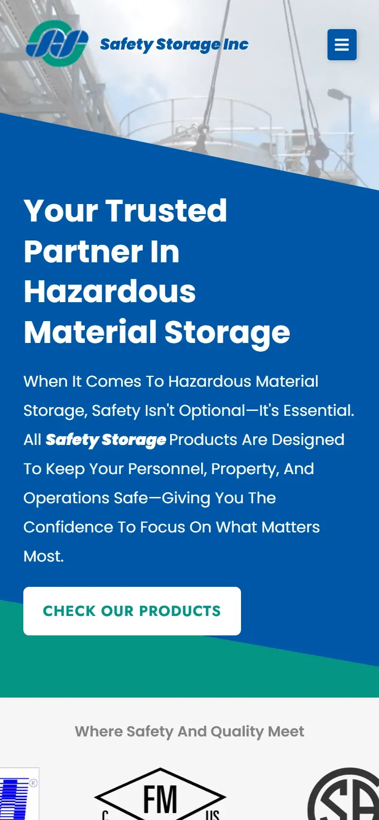 Safety Storage homepage on a phone, with the same headline on a blue panel, a Check Our Products button and a row of certification logos under Where Safety And Quality Meet