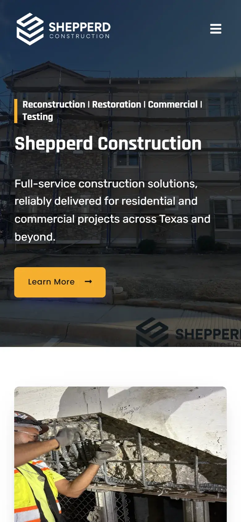 Shepperd Construction homepage on a phone, with the same tagline and headline over the scaffolding photo, a yellow Learn More button and a photo of a worker repairing reinforced concrete below