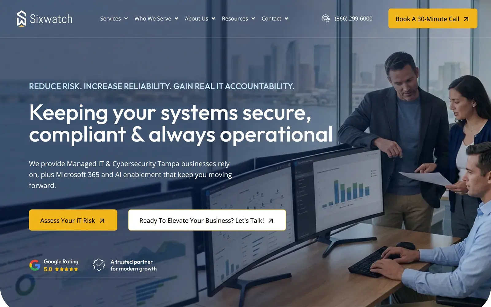 Sixwatch homepage on desktop, with the headline Keeping your systems secure, compliant & always operational, a yellow Assess Your IT Risk button, a Book A 30-Minute Call button in the header and a photo of an IT team at monitors overlooking a city skyline