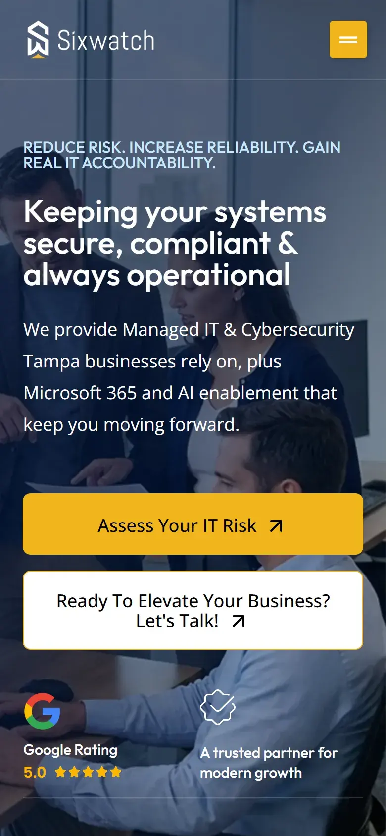 Sixwatch homepage on a phone, with the same headline, a full-width yellow Assess Your IT Risk button, a Let's Talk button and a 5.0 Google rating below