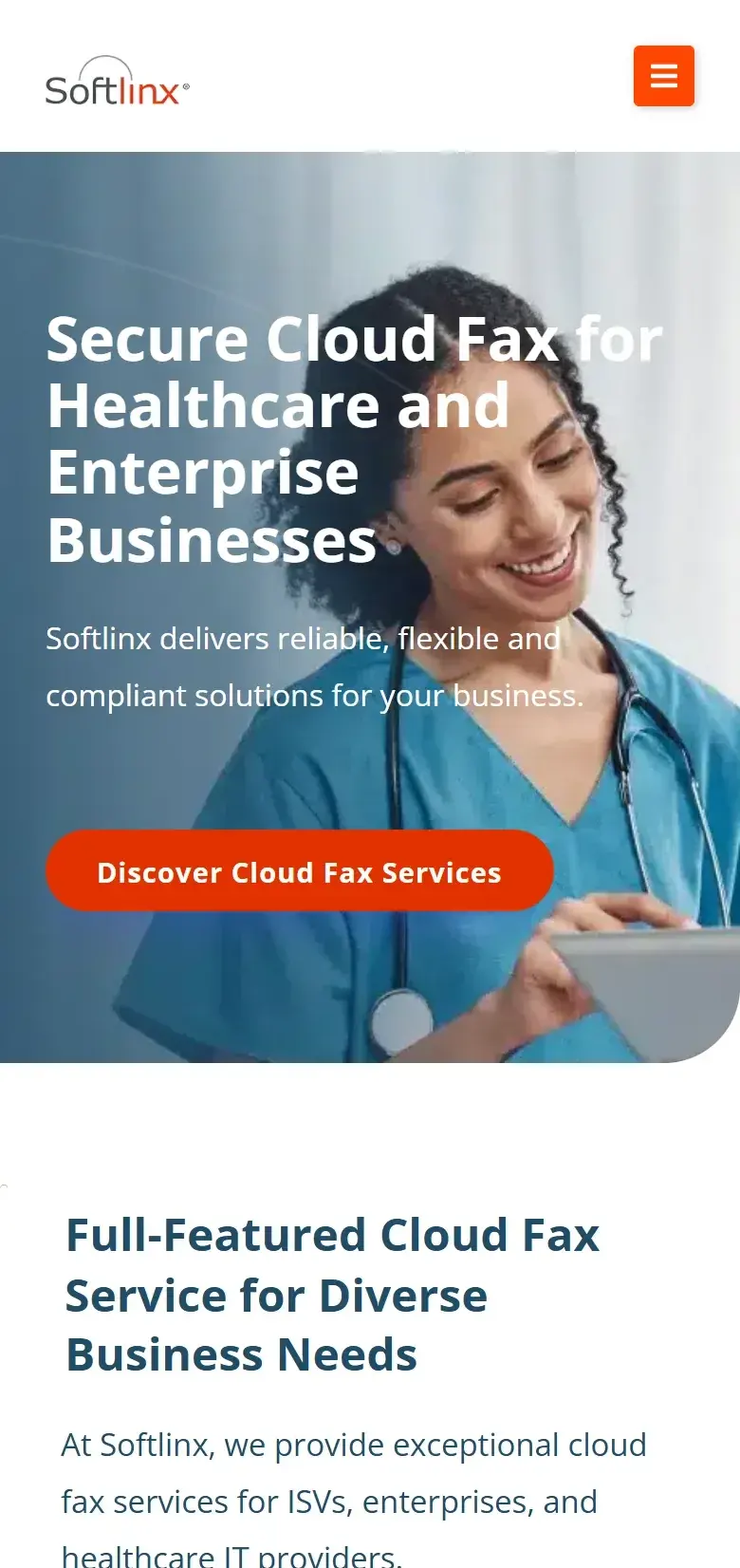 Softlinx homepage on a phone, with the same headline over the photo of a smiling nurse, an orange Discover Cloud Fax Services button and the Full-Featured Cloud Fax Service section below