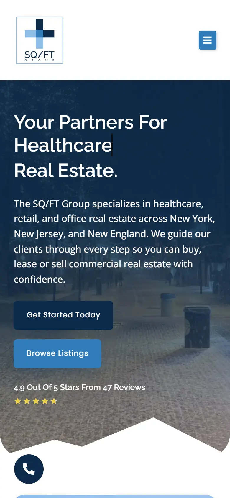 The SQFT Group homepage on a phone, with the same headline, stacked Get Started Today and Browse Listings buttons and the 4.9-star review rating below