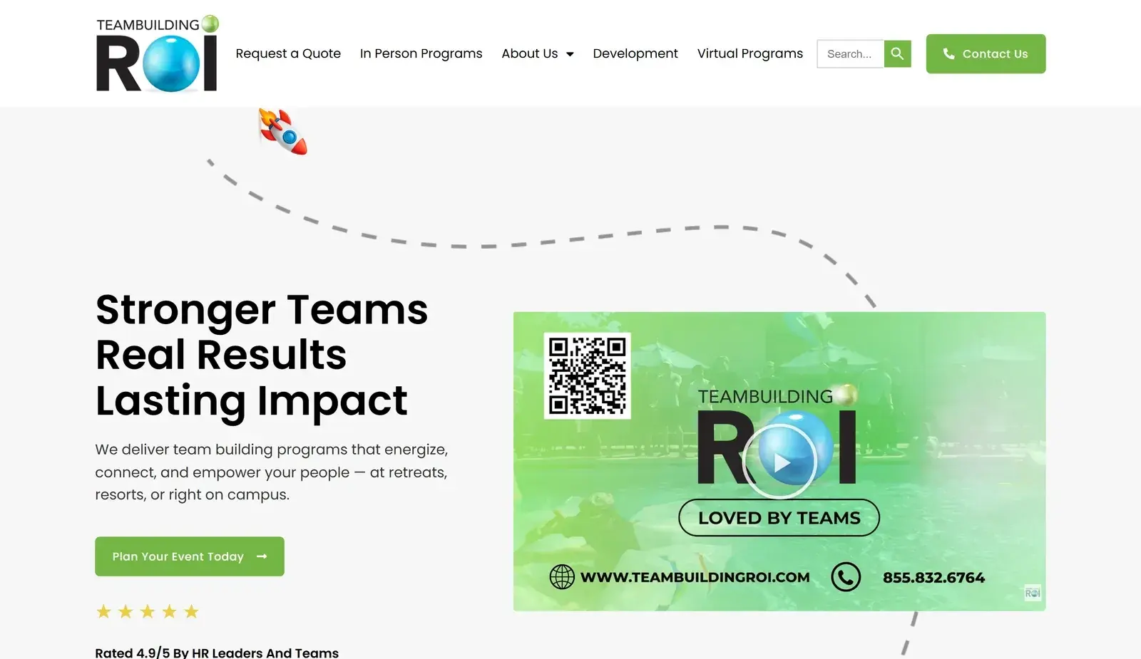 TeamBuilding ROI homepage on desktop, with the headline Stronger Teams, Real Results, Lasting Impact, a green Plan Your Event Today button and a promotional video