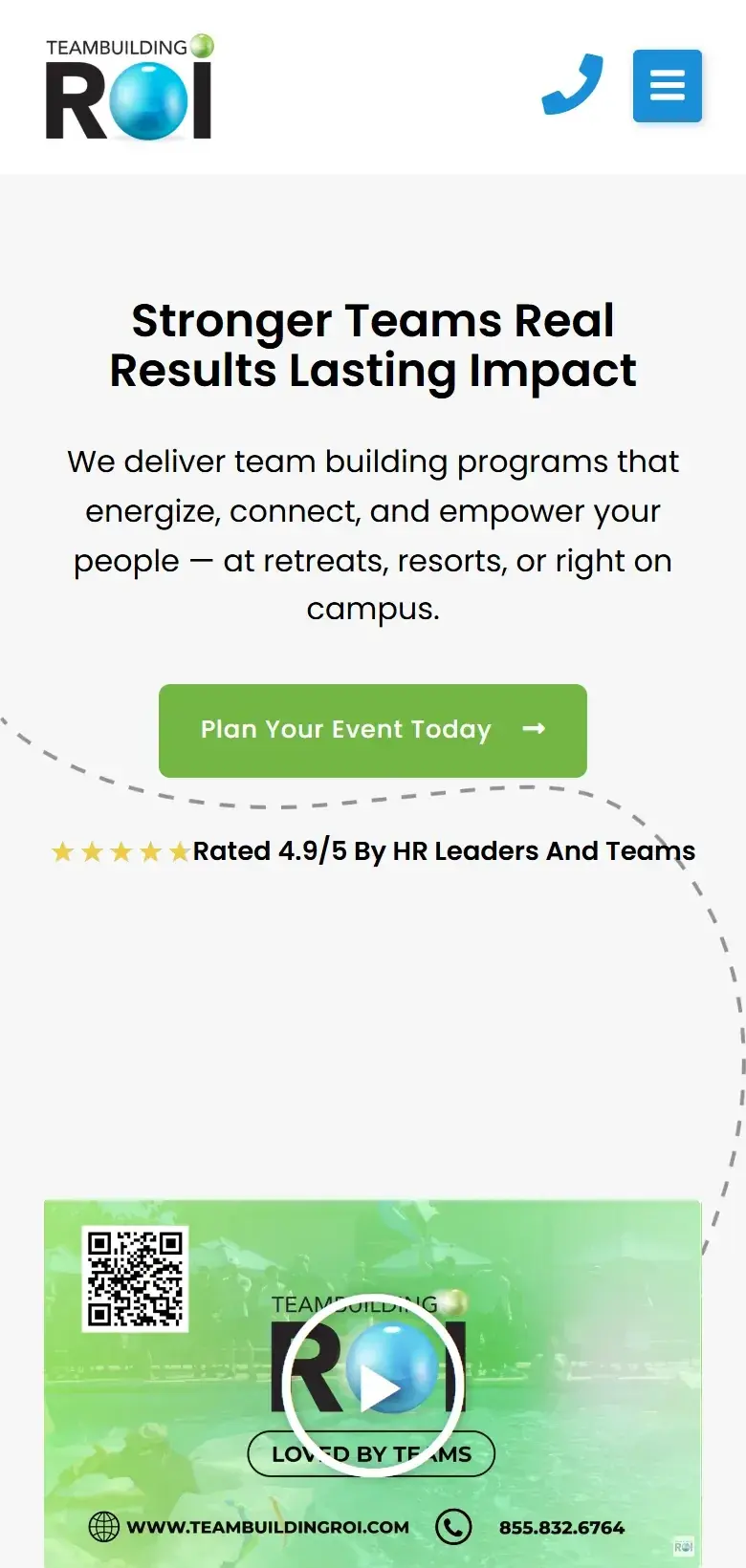 TeamBuilding ROI homepage on a phone, with the same headline, a full-width Plan Your Event Today button and the promotional video below