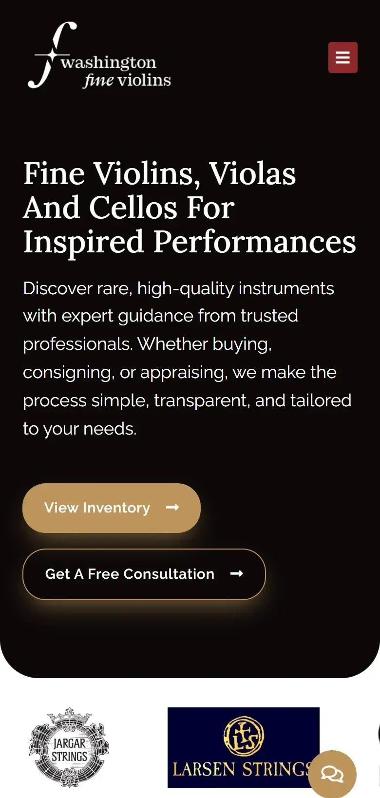 Washington Fine Violins homepage on a phone, with the same headline on a dark background, stacked View Inventory and Get A Free Consultation buttons and string-maker logos below
