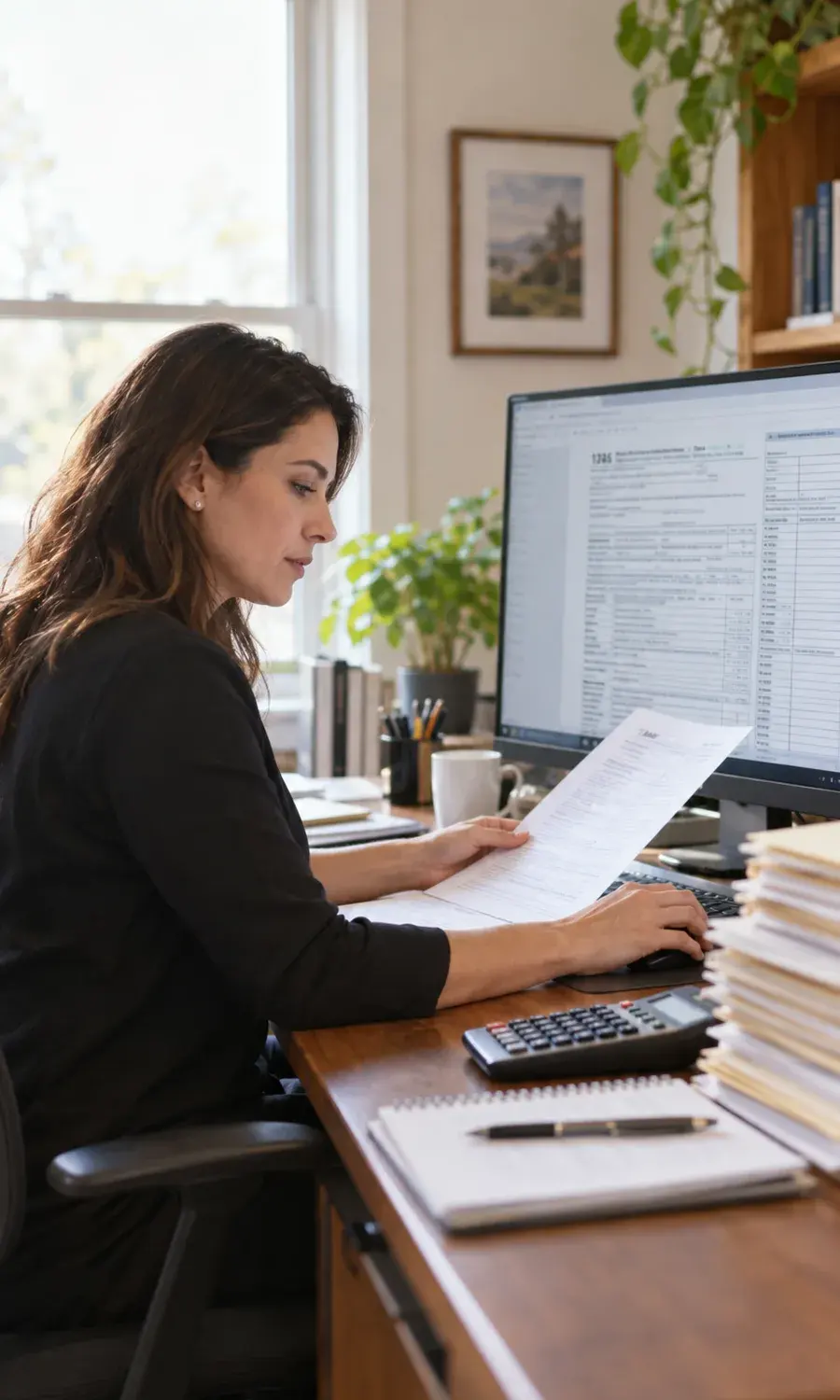 Accountant reviewing a tax return at her desk