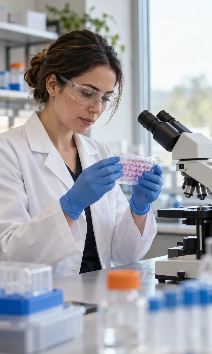 Scientist examining a sample plate in a lab