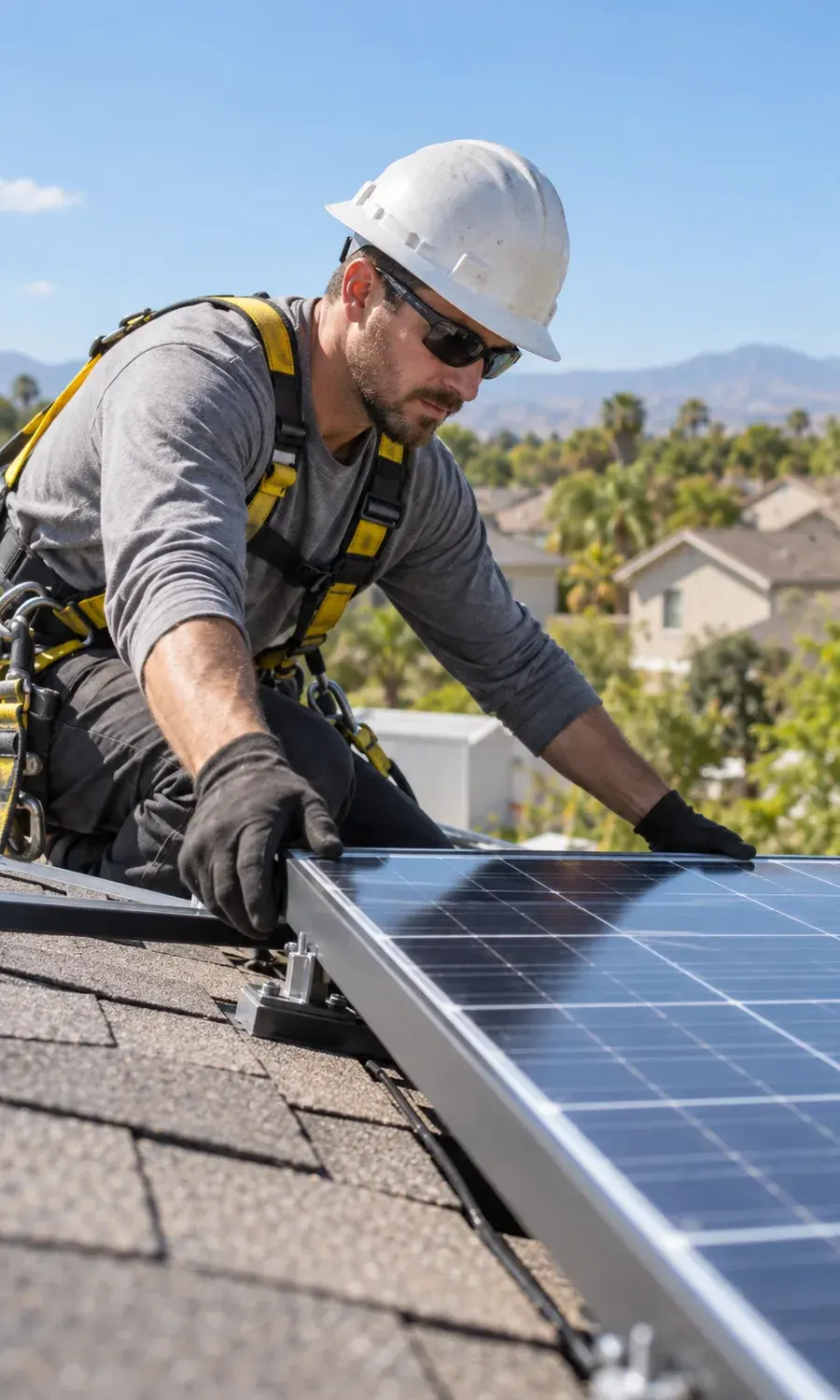 Installer fitting a solar panel on a roof