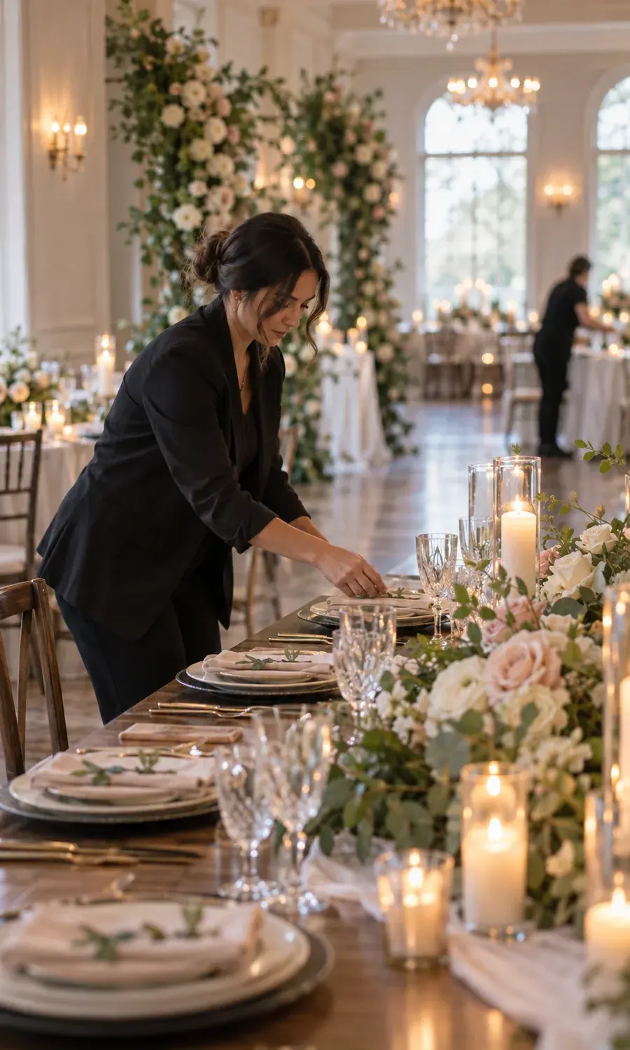 Planner setting tables in a venue before a reception