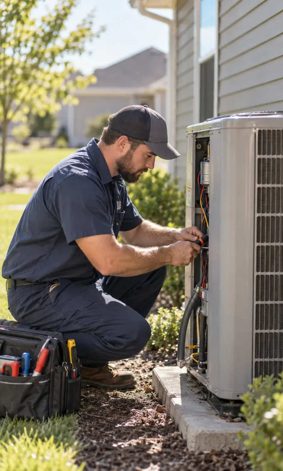 Technician servicing an air conditioning unit
