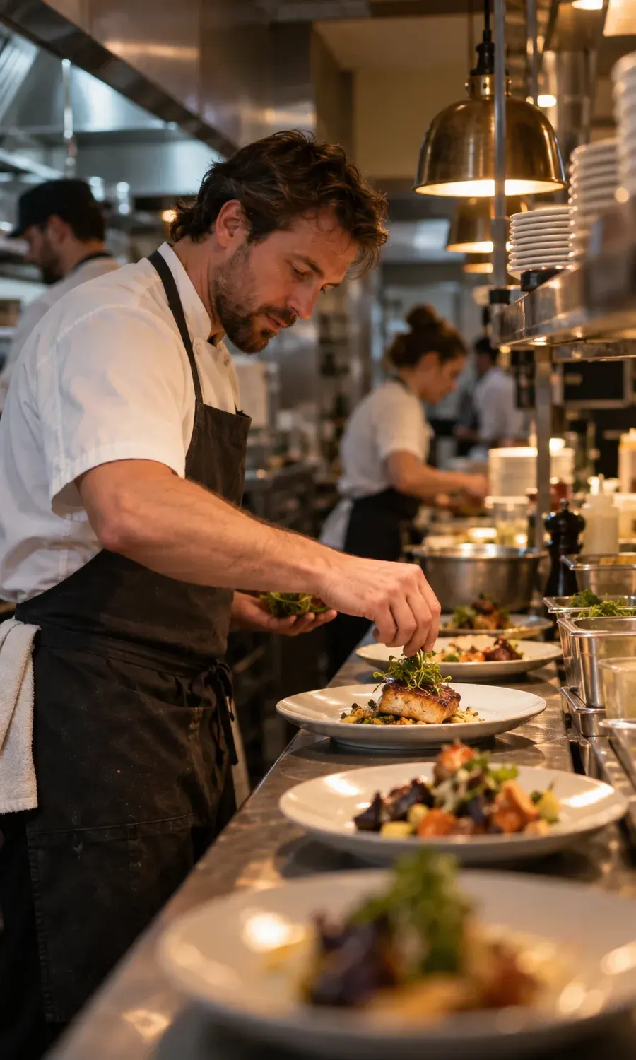 Chef plating a dish in a restaurant kitchen