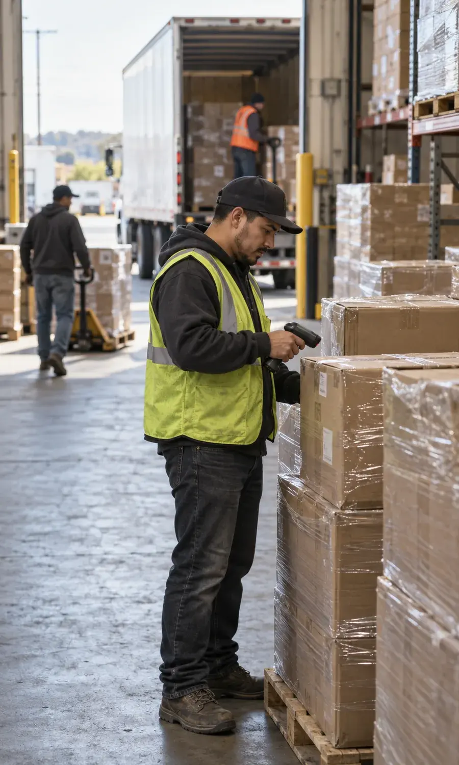 Warehouse worker scanning a package by stacked pallets