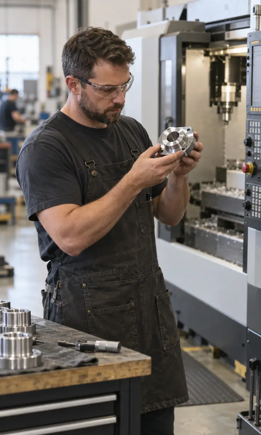 Machinist inspecting a precision part by a CNC machine